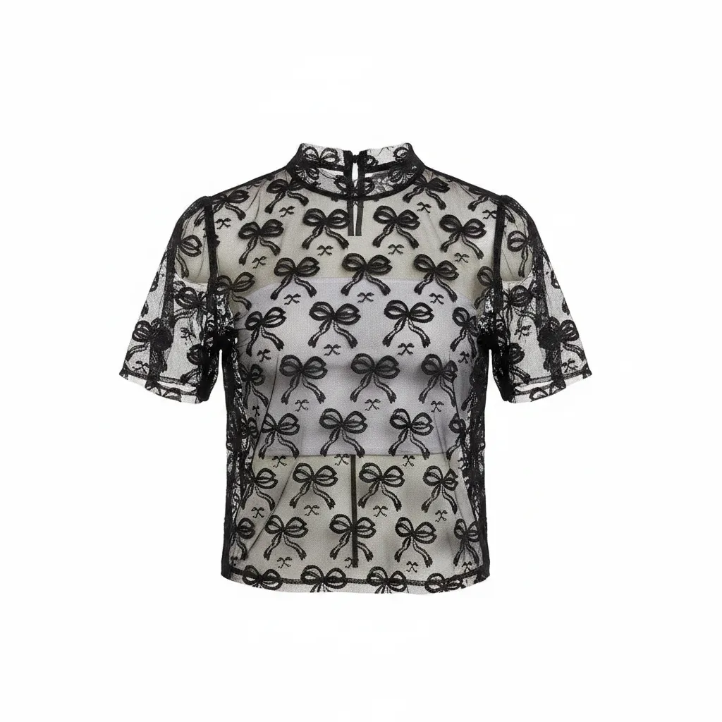 Bow Embroidered Mesh Top | High Neck Sheer Layering Top sold by BOLD elements product image thumbnail 3