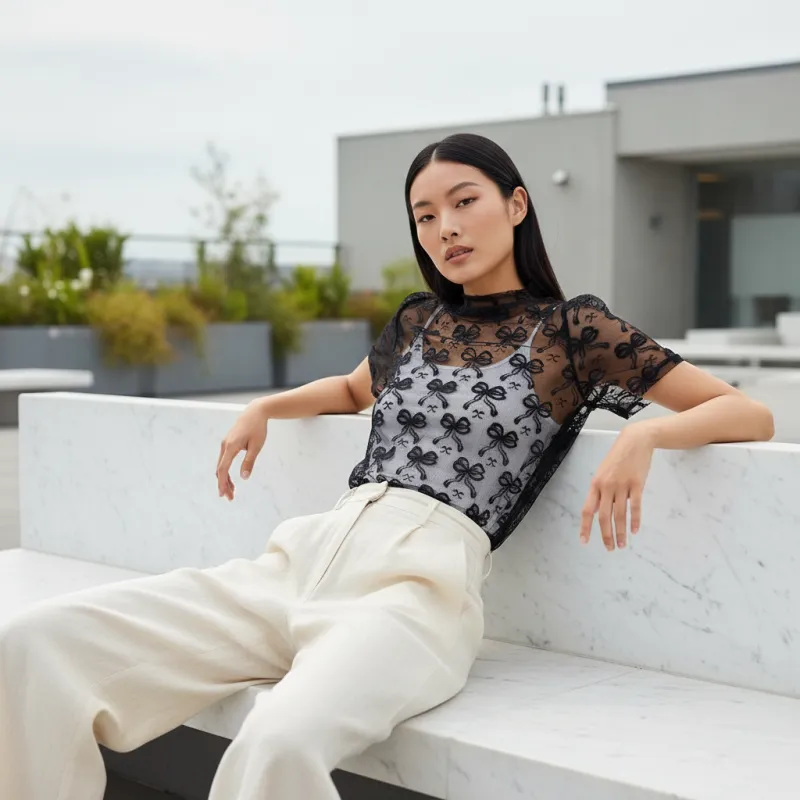 Bow Embroidered Mesh Top | High Neck Sheer Layering Top made by BiBi