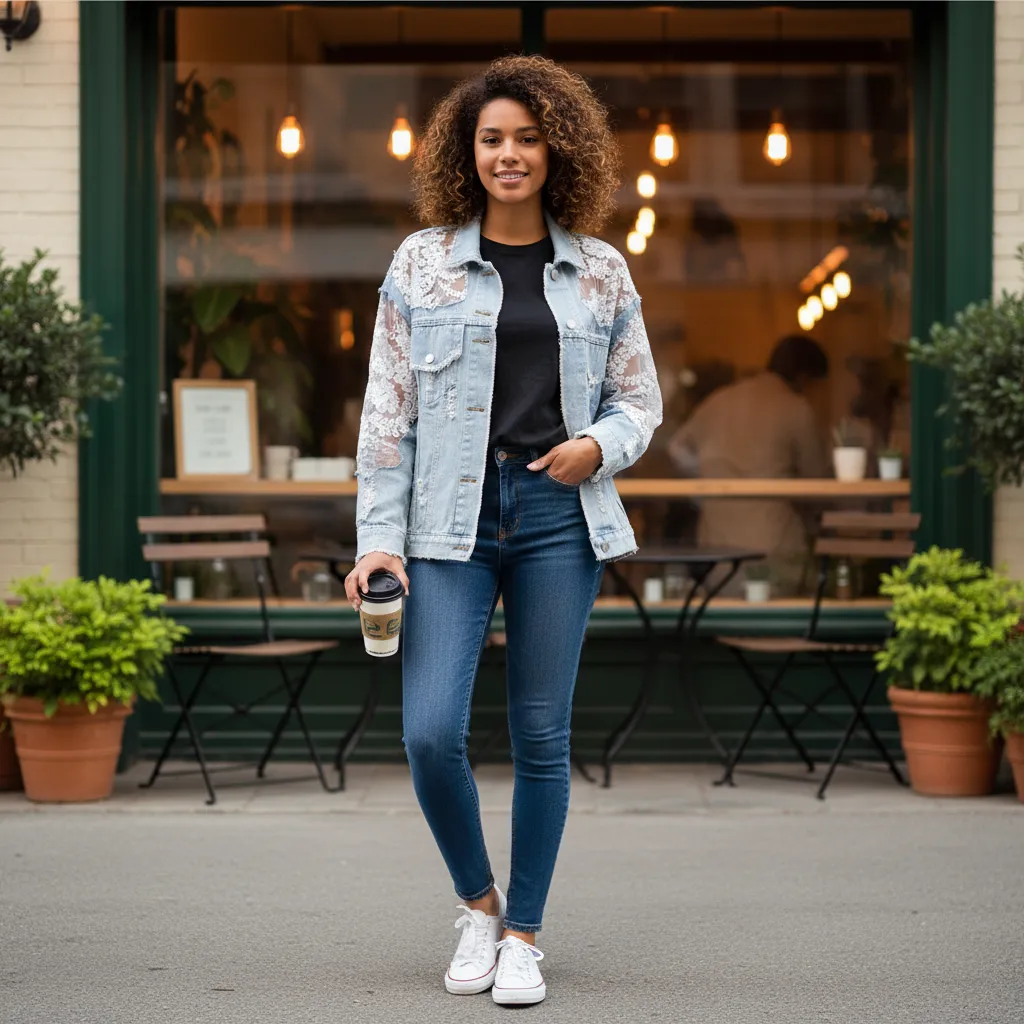 Floral Lace Sleeve Distressed Denim Jacket sold by BOLD elements product image thumbnail 4