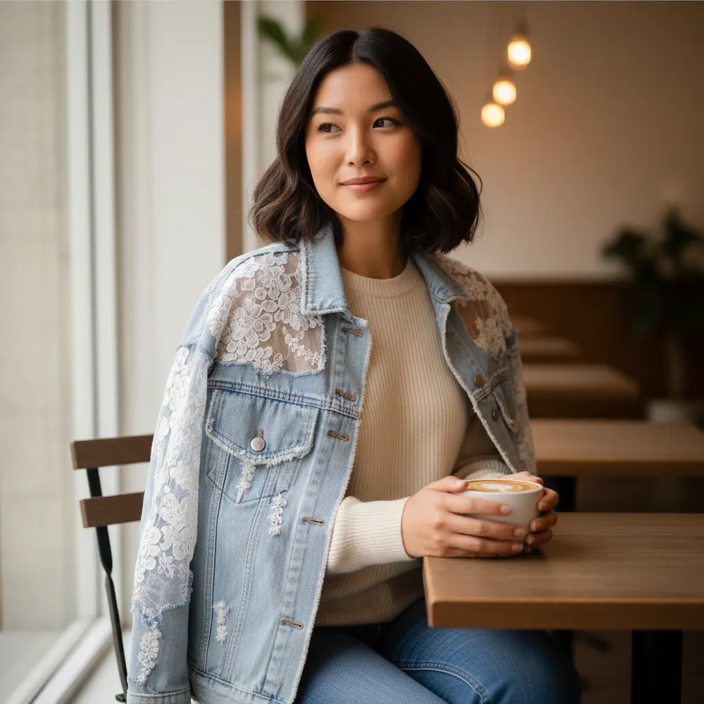 Floral Lace Sleeve Distressed Denim Jacket sold by BOLD elements product image thumbnail 2