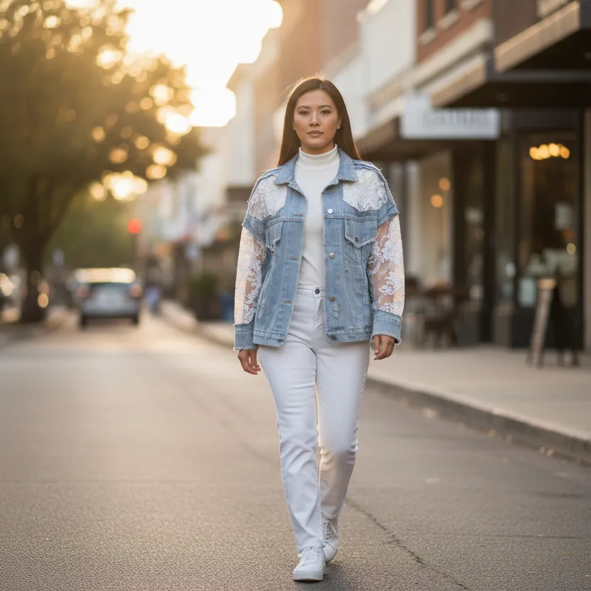 Floral Lace Sleeve Distressed Denim Jacket sold by BOLD elements product image thumbnail 3