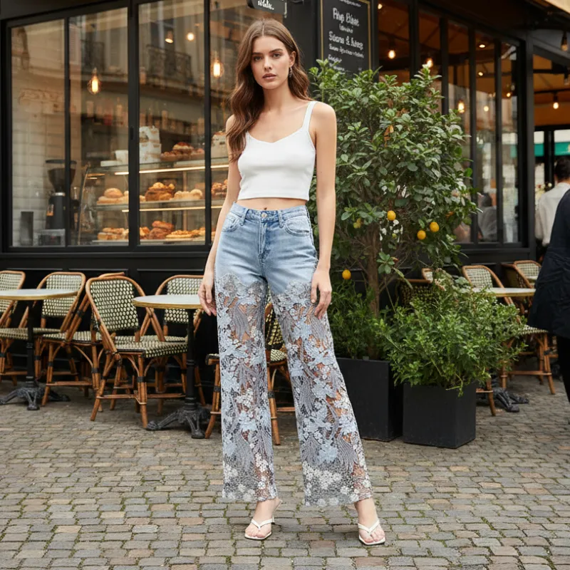 Risen High-Rise Wide-Leg Jeans with Floral Lace Detail in Light Wash made by Risen