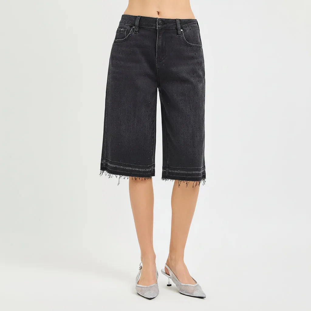 Risen Slouchy Rhinestone-Embellished Black Denim Shorts sold by BOLD elements product image thumbnail 5