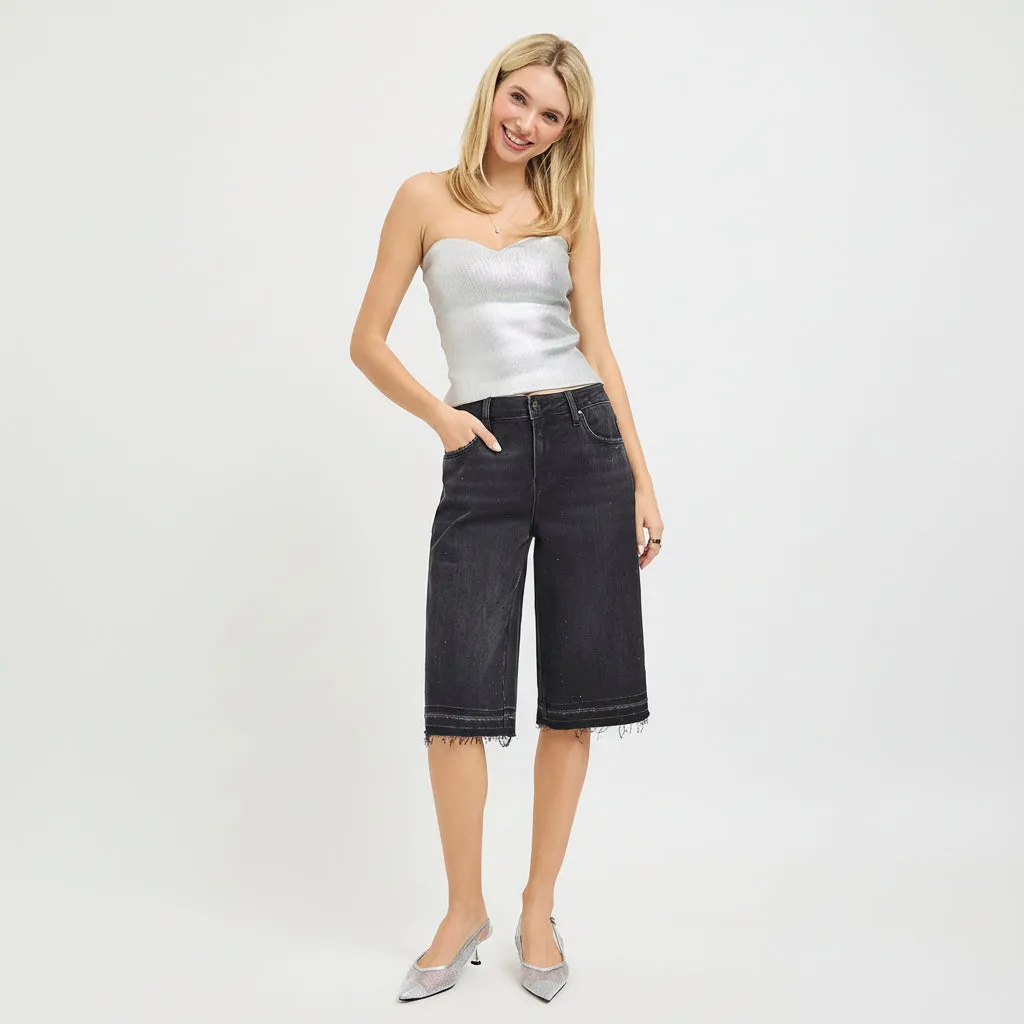 Risen Slouchy Rhinestone-Embellished Black Denim Shorts sold by BOLD elements product image thumbnail 4