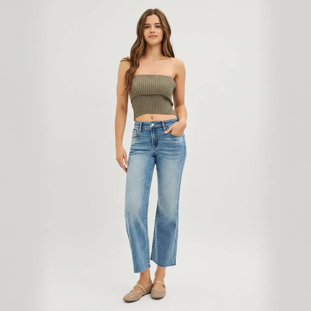 Risen High-Rise Crop Straight Jeans with Rhinestone Detail in Medium Wash sold by BOLD elements product image thumbnail 4