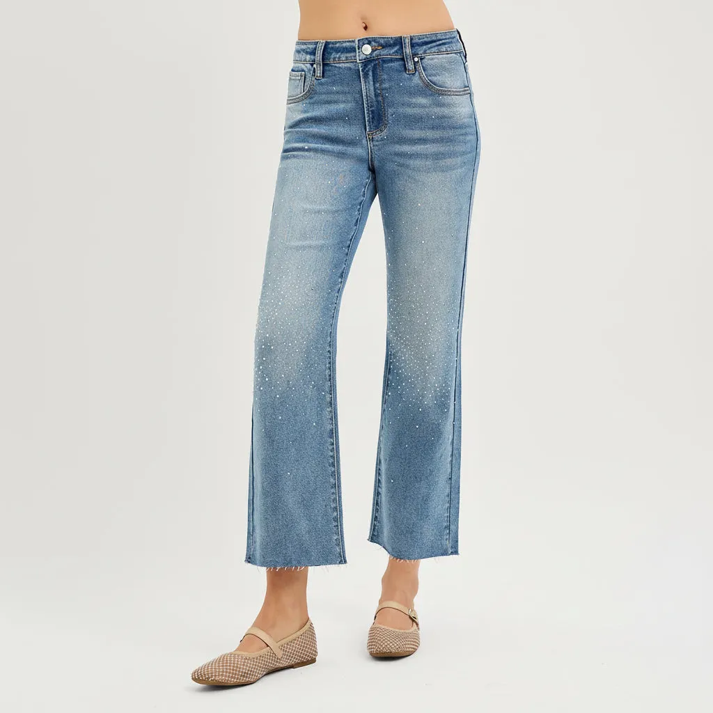 Risen High-Rise Crop Straight Jeans with Rhinestone Detail in Medium Wash sold by BOLD elements product image thumbnail 5
