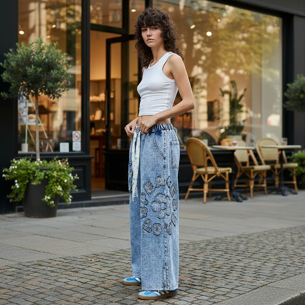 POL High-Rise Wide-Leg French Terry Pants with Peace & Flower Patches sold by BOLD elements product image thumbnail 5