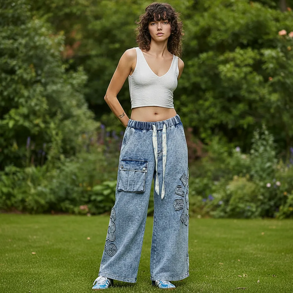 POL High-Rise Wide-Leg French Terry Pants with Peace & Flower Patches sold by BOLD elements product image thumbnail 4