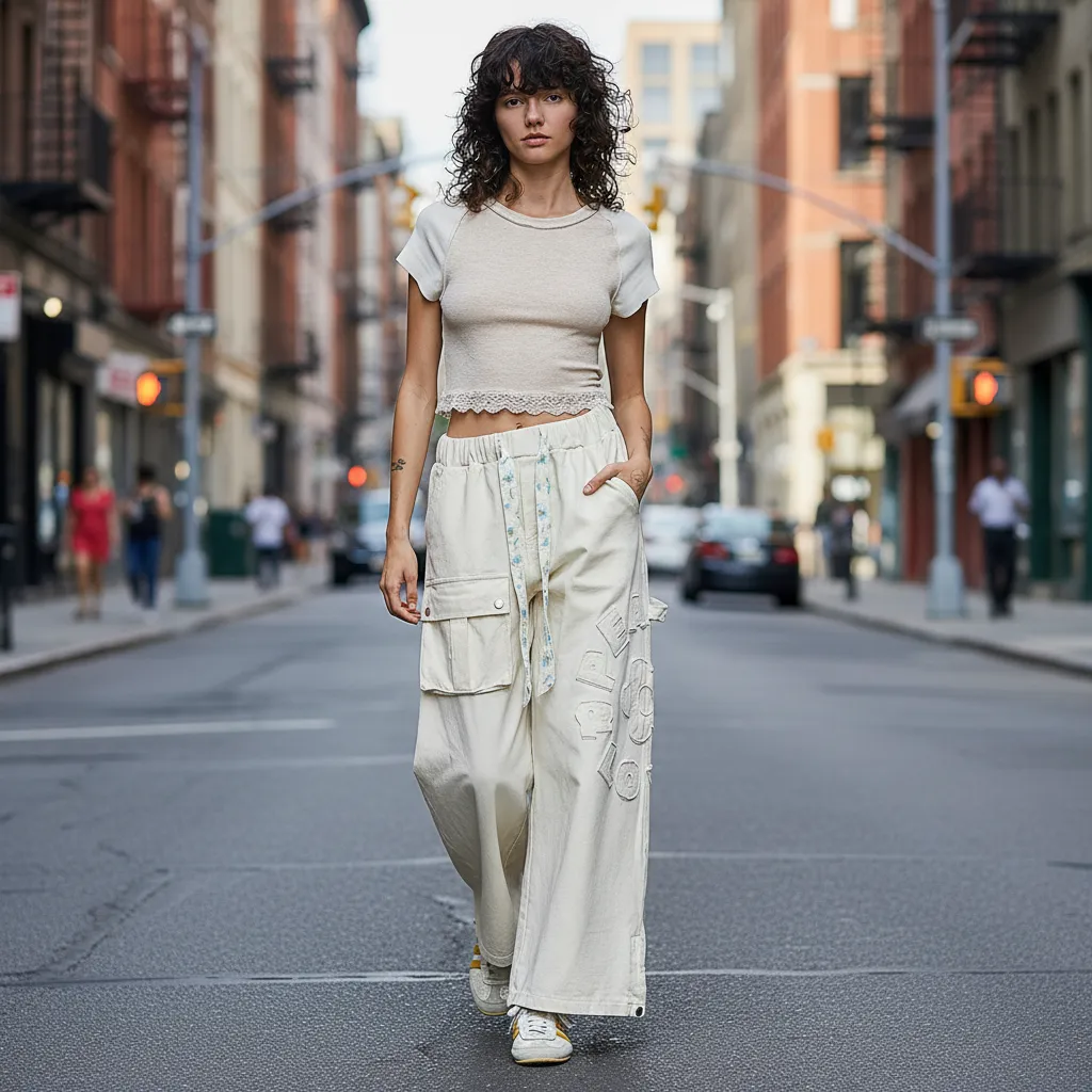 POL High-Rise Wide-Leg French Terry Pants with Peace & Flower Patches sold by BOLD elements product image thumbnail 3