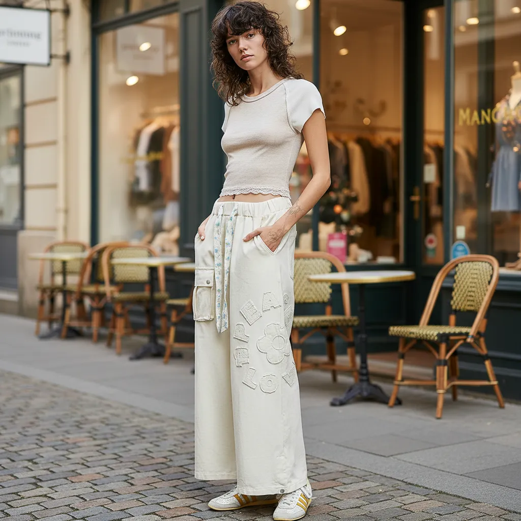 POL High-Rise Wide-Leg French Terry Pants with Peace & Flower Patches sold by BOLD elements product image thumbnail 2