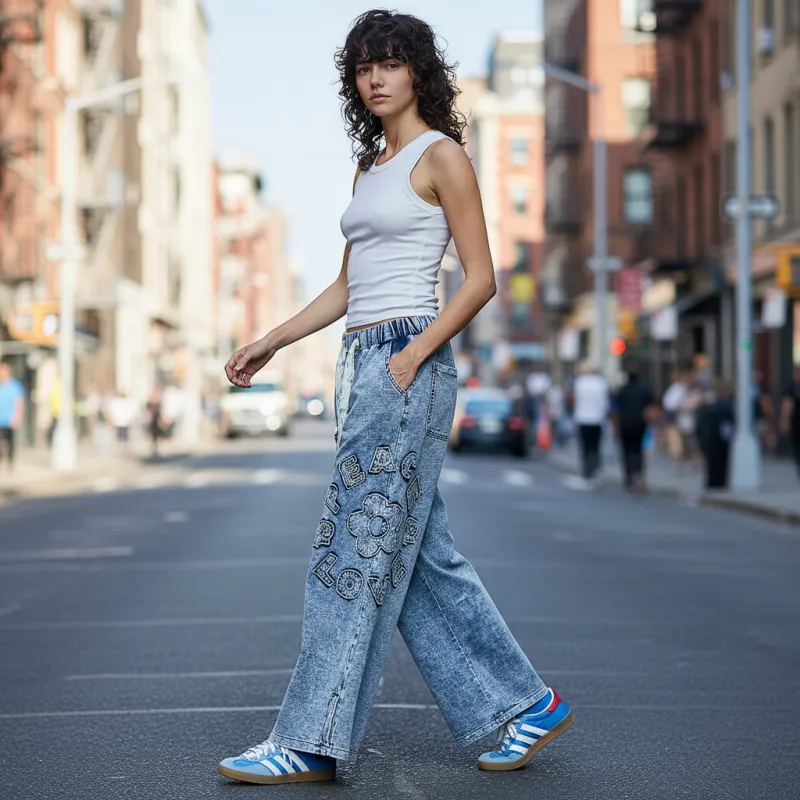 POL High-Rise Wide-Leg French Terry Pants with Peace & Flower Patches made by BOLD elements
