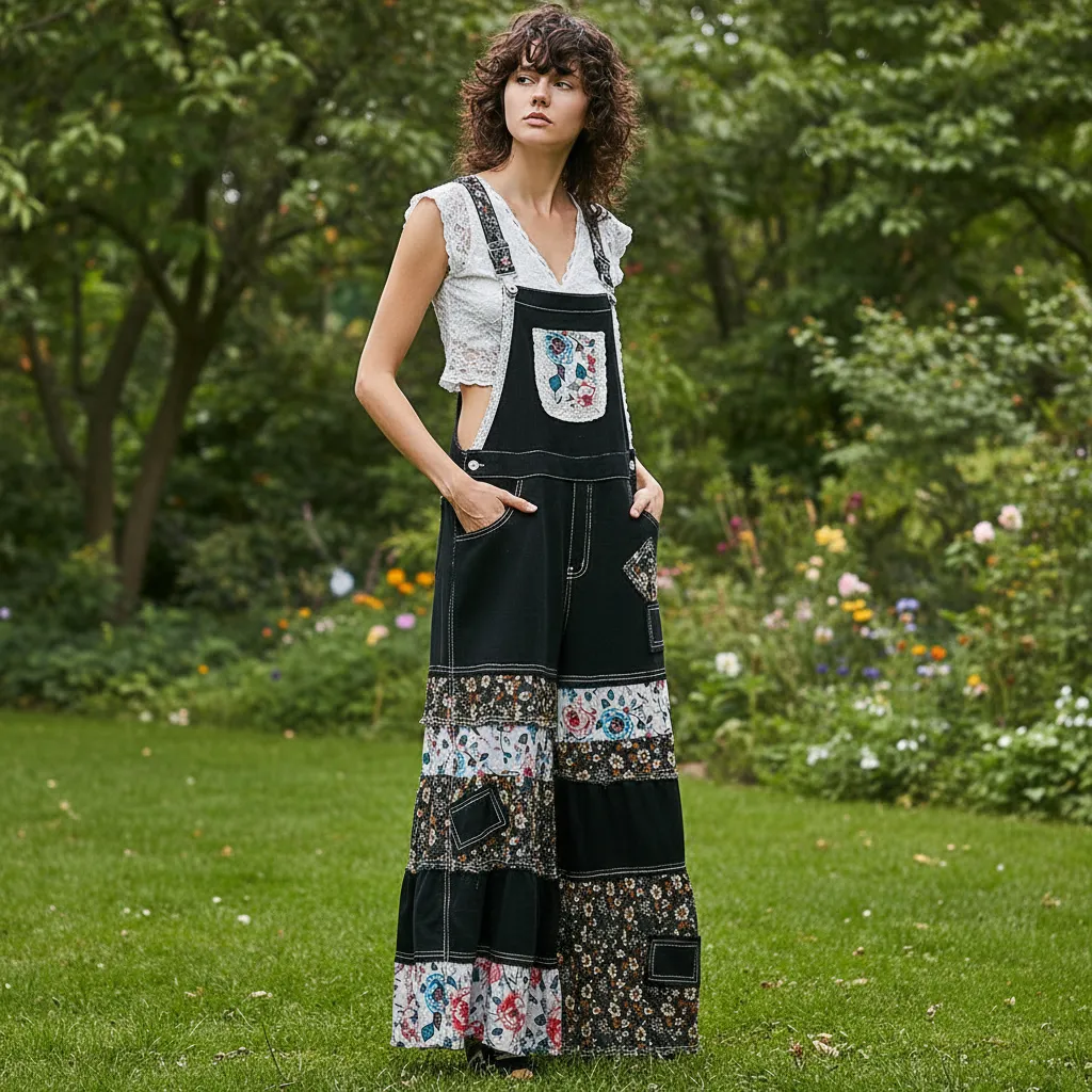 POL Patchwork Tiered Wide-Leg Overalls with Mixed Print Ruffle Detail sold by BOLD elements product image thumbnail 3