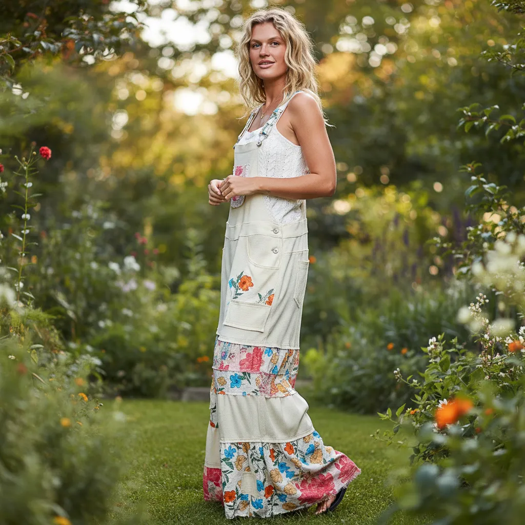 POL Patchwork Tiered Wide-Leg Overalls with Mixed Print Ruffle Detail sold by BOLD elements product image thumbnail 5