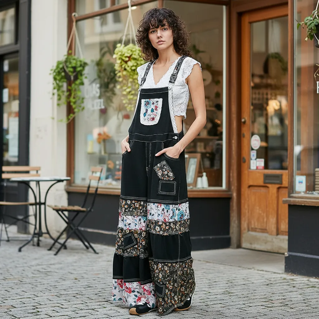 POL Patchwork Tiered Wide-Leg Overalls with Mixed Print Ruffle Detail sold by BOLD elements product image thumbnail 2