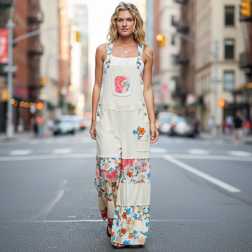 POL Patchwork Tiered Wide-Leg Overalls with Mixed Print Ruffle Detail sold by BOLD elements