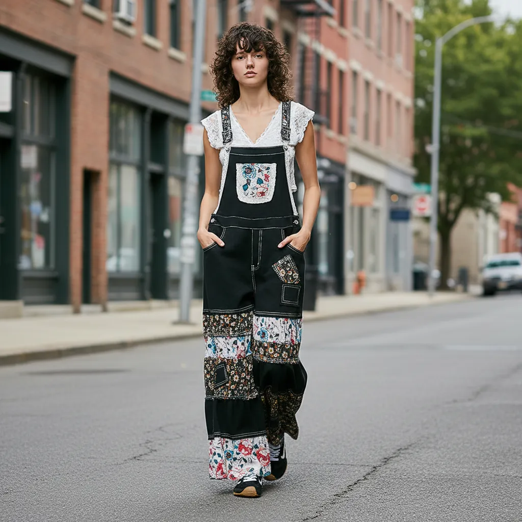 POL Patchwork Tiered Wide-Leg Overalls with Mixed Print Ruffle Detail sold by BOLD elements product image thumbnail 4