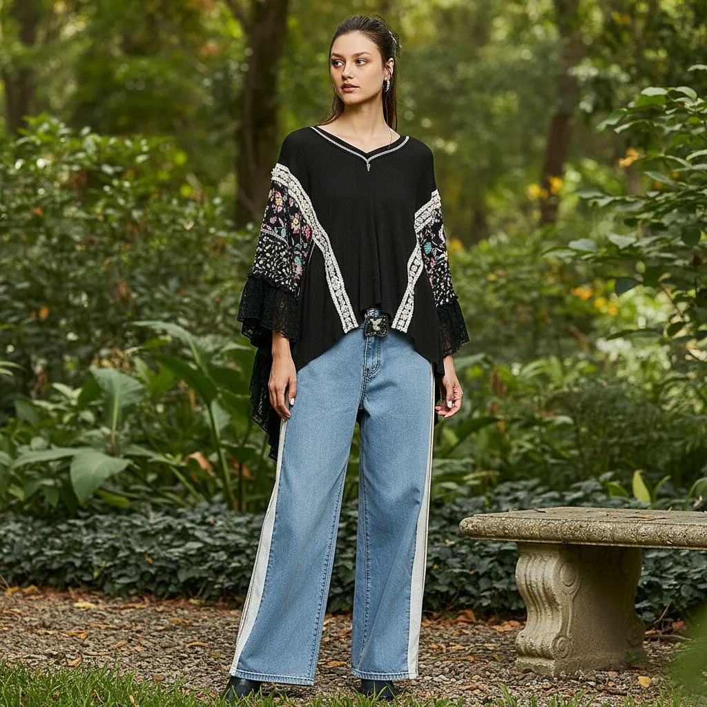 POL Clothing Lace Ruffle Ribbed Knit Top with Floral Patch Detail sold by BOLD elements product image thumbnail 3