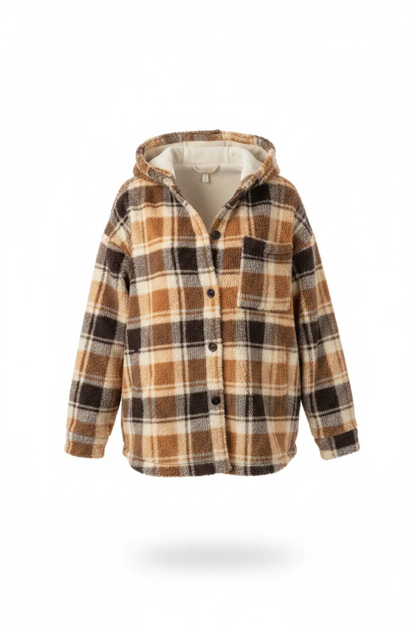 Camel Plaid Hooded Shacket — Oversized Fuzzy Sherpa Jacket sold by BOLD elements product image thumbnail 4
