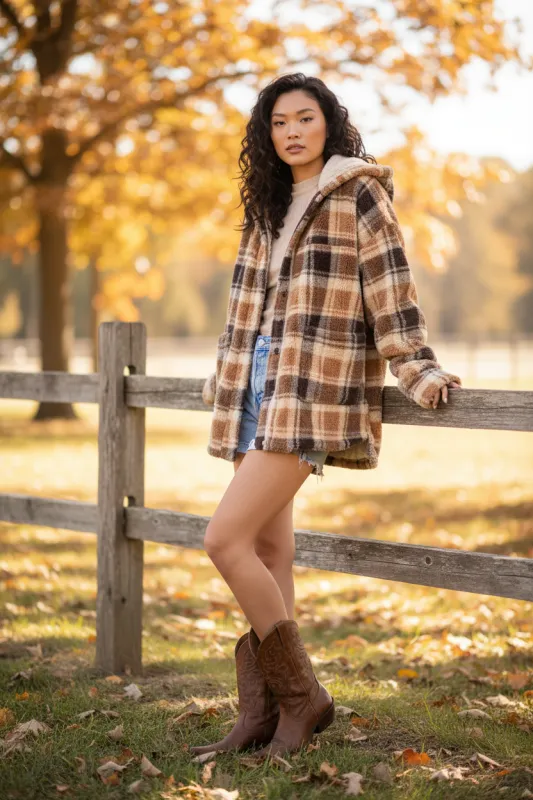 Camel Plaid Hooded Shacket — Oversized Fuzzy Sherpa Jacket made by easel