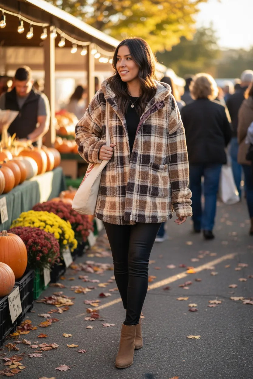 Camel Plaid Hooded Shacket — Oversized Fuzzy Sherpa Jacket sold by BOLD elements product image thumbnail 2