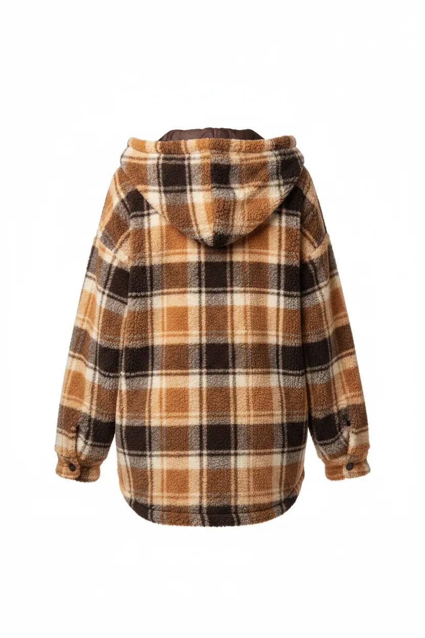 Camel Plaid Hooded Shacket — Oversized Fuzzy Sherpa Jacket sold by BOLD elements product image thumbnail 5