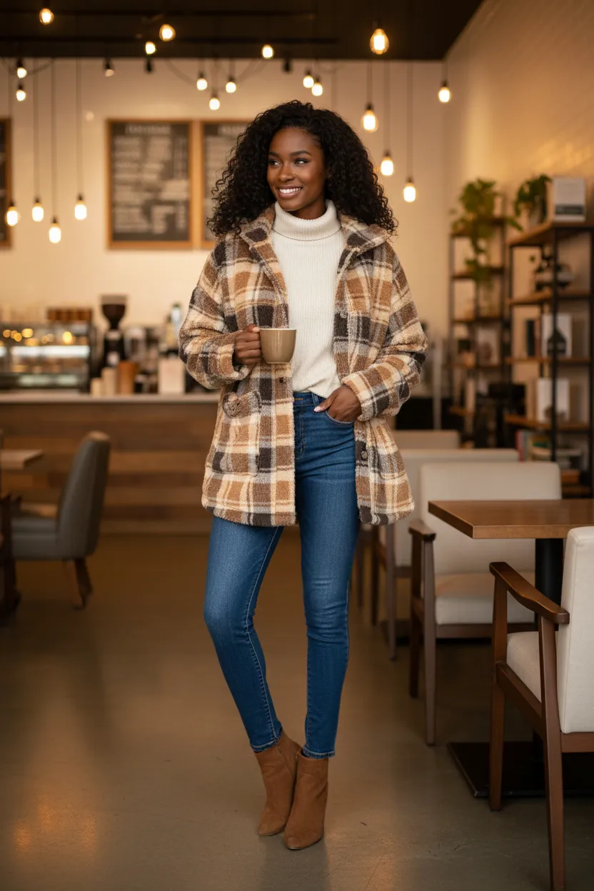 Camel Plaid Hooded Shacket — Oversized Fuzzy Sherpa Jacket sold by BOLD elements product image thumbnail 3