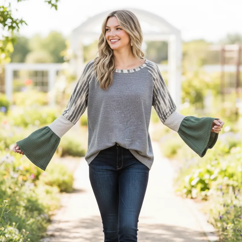 Mixed Stripe Bell Sleeve Knit Top – Olive & Grey made by BiBi
