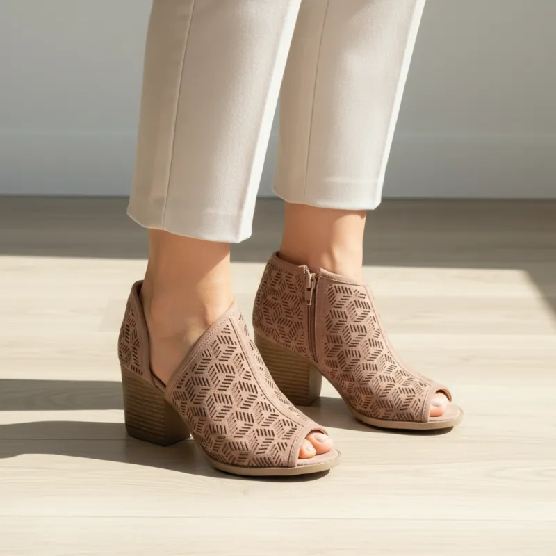 Geometric Laser Cut Peep Toe Ankle Bootie in Dark Blush made by Qupid