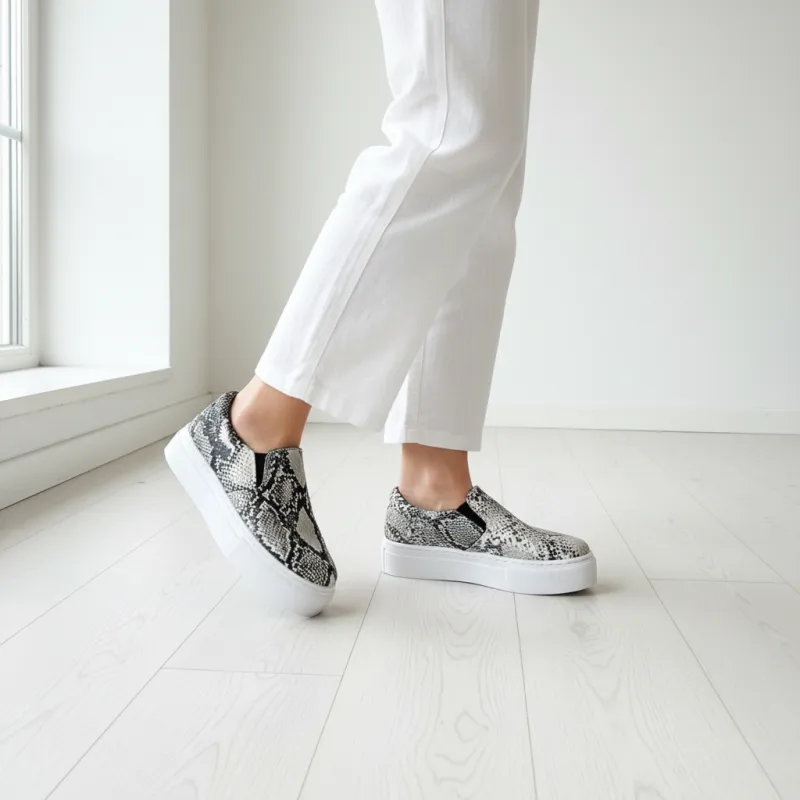 Snakeskin Platform Slip-On Sneakers | Women's Python Print Loafer made by Qupid