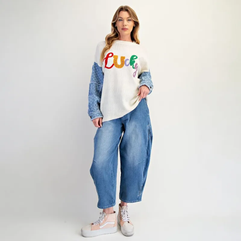 Lucky Letter Knit Sweater | Denim Heart Sleeves made by easel