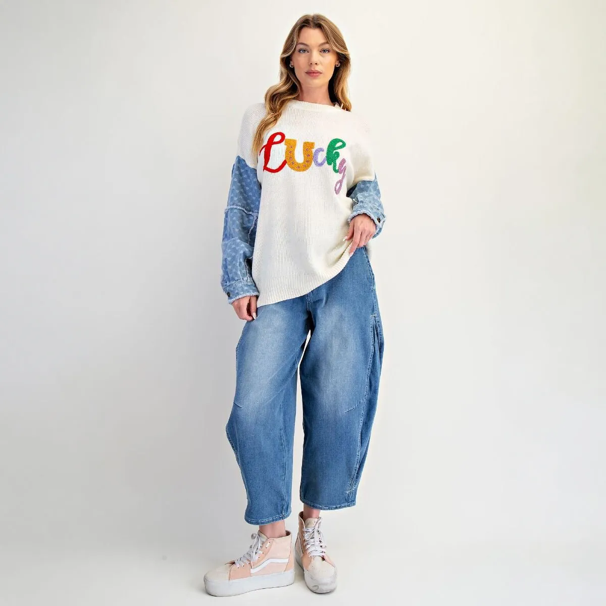 Lucky Letter Knit Sweater | Denim Heart Sleeves sold by BOLD elements
