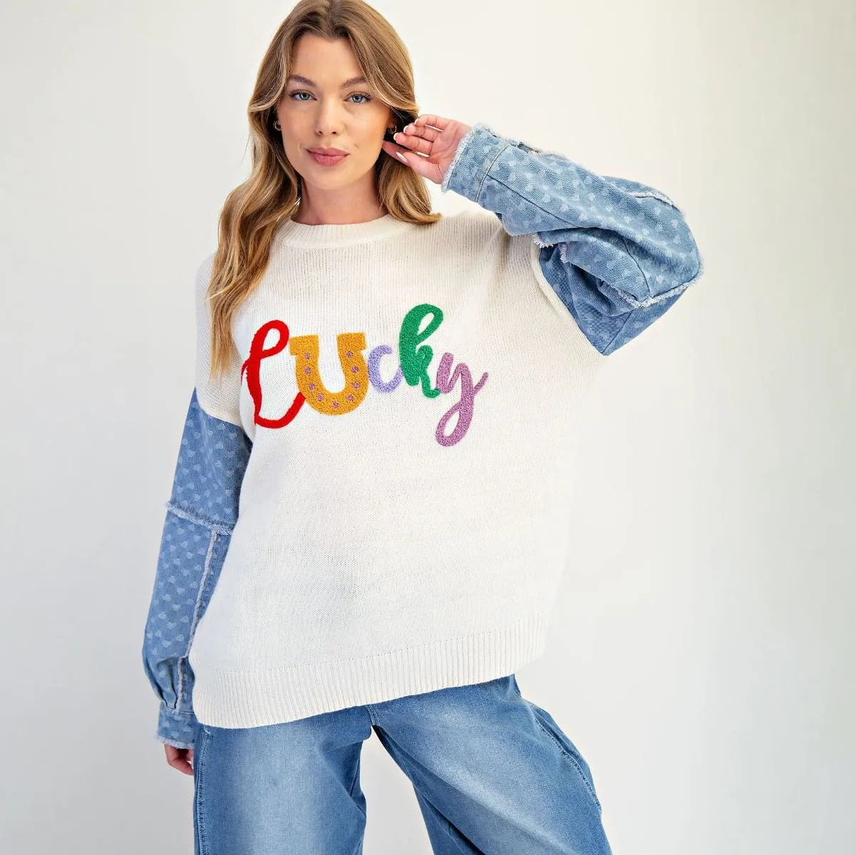 Lucky Letter Knit Sweater | Denim Heart Sleeves sold by BOLD elements product image thumbnail 4