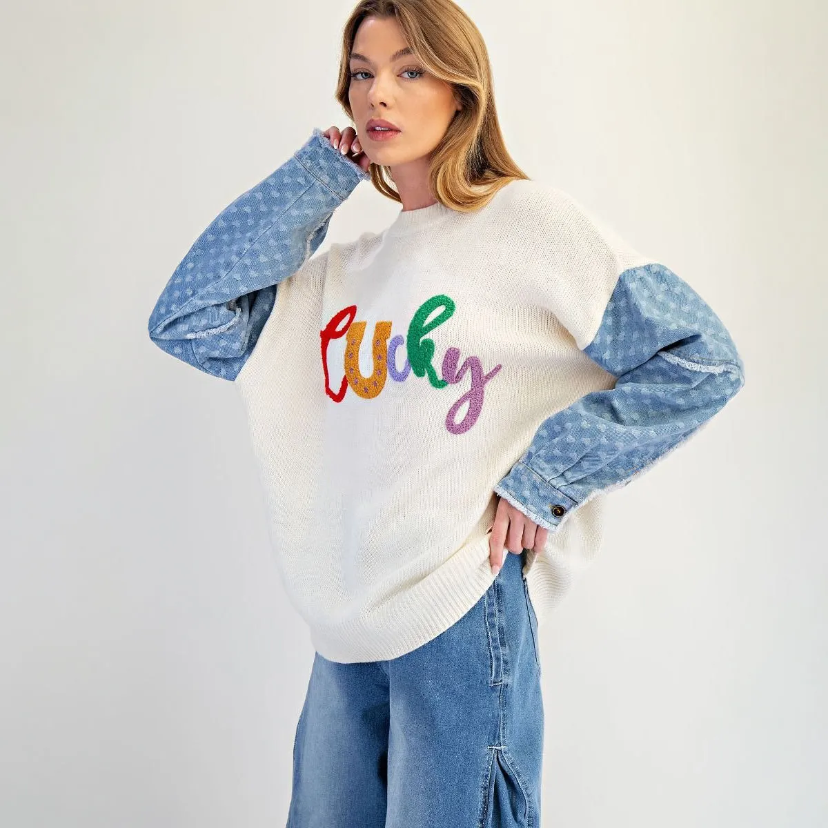 Lucky Letter Knit Sweater | Denim Heart Sleeves sold by BOLD elements product image thumbnail 3