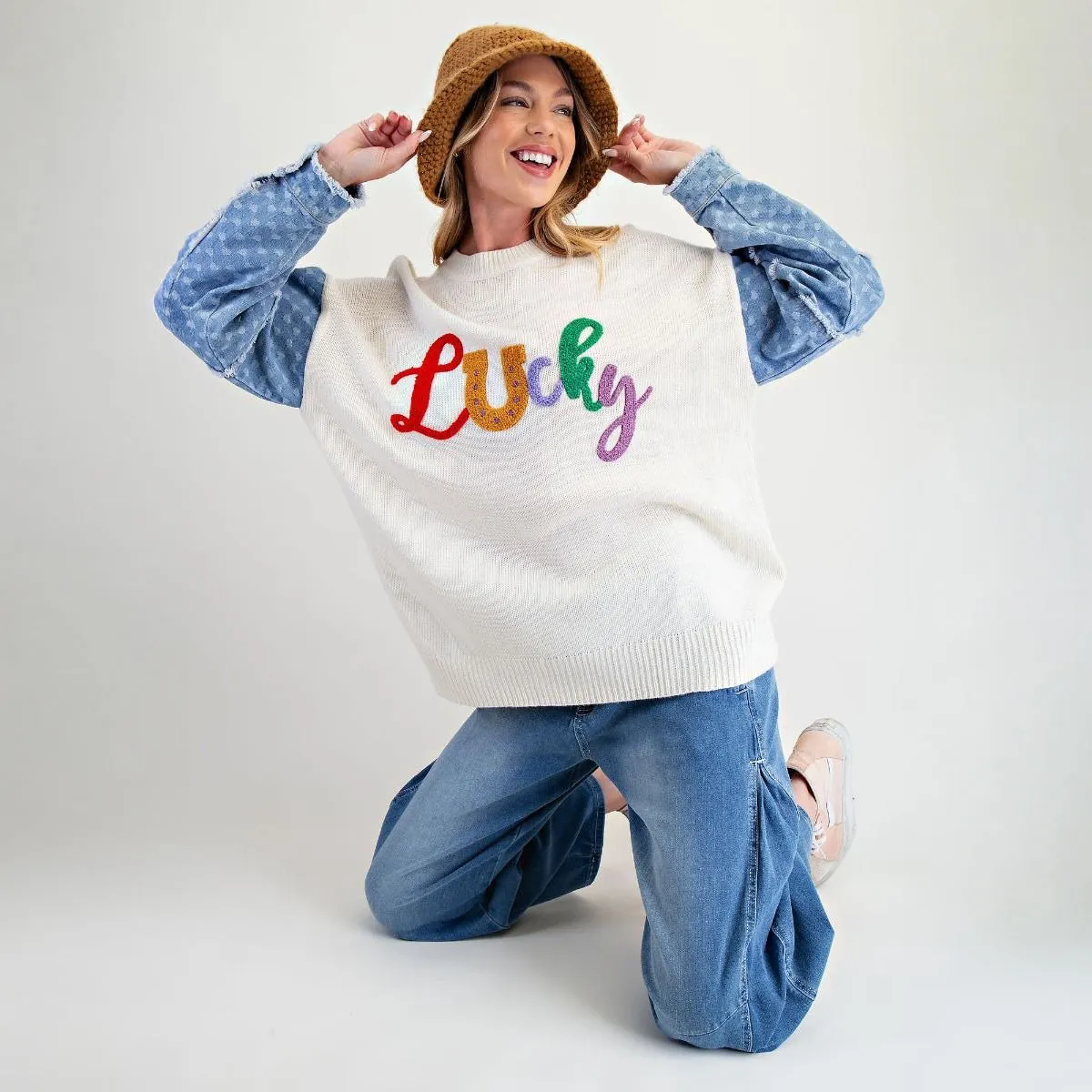 Lucky Letter Knit Sweater | Denim Heart Sleeves sold by BOLD elements product image thumbnail 5