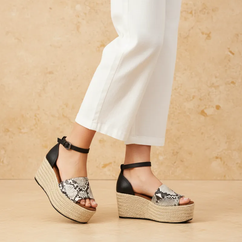 Snake Print Espadrille Wedge Sandal made by Qupid