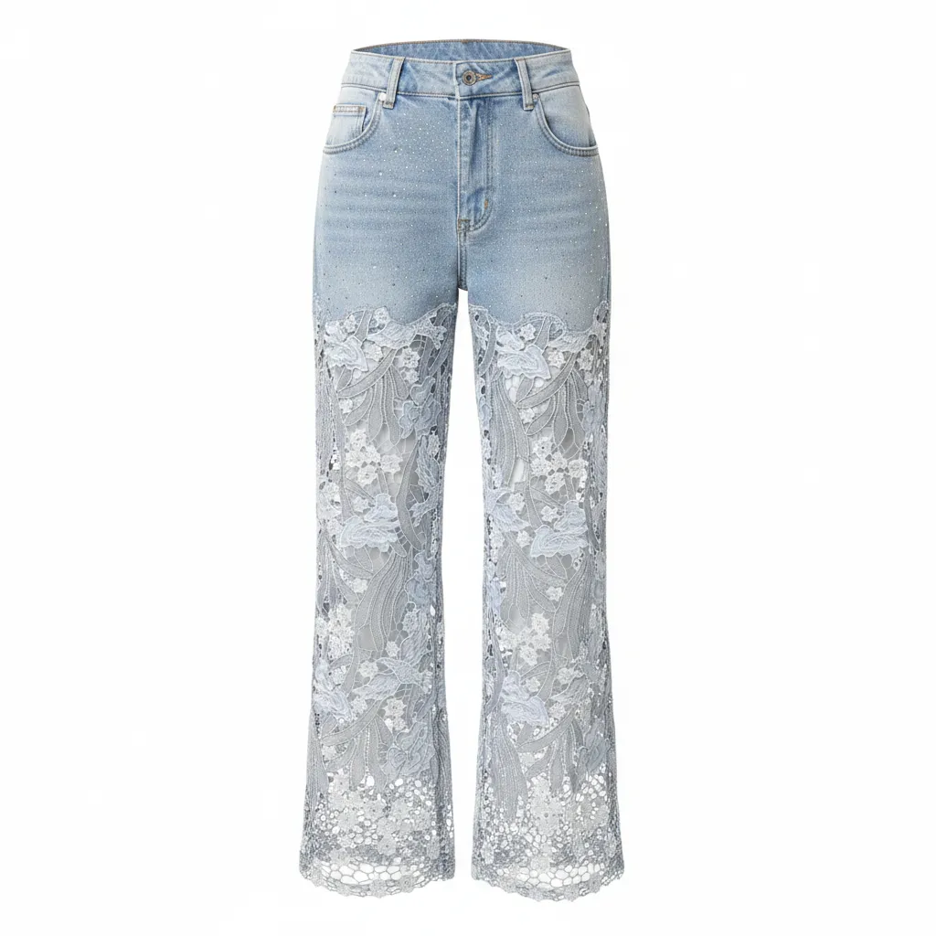 Rhinestone Floral Lace Wide-Leg Jeans sold by BOLD elements product image thumbnail 3