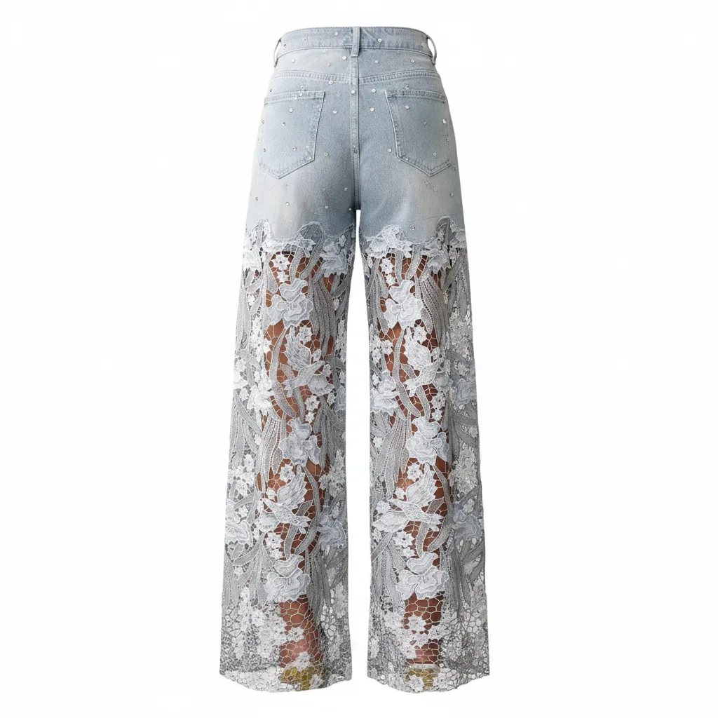 Rhinestone Floral Lace Wide-Leg Jeans sold by BOLD elements product image thumbnail 4