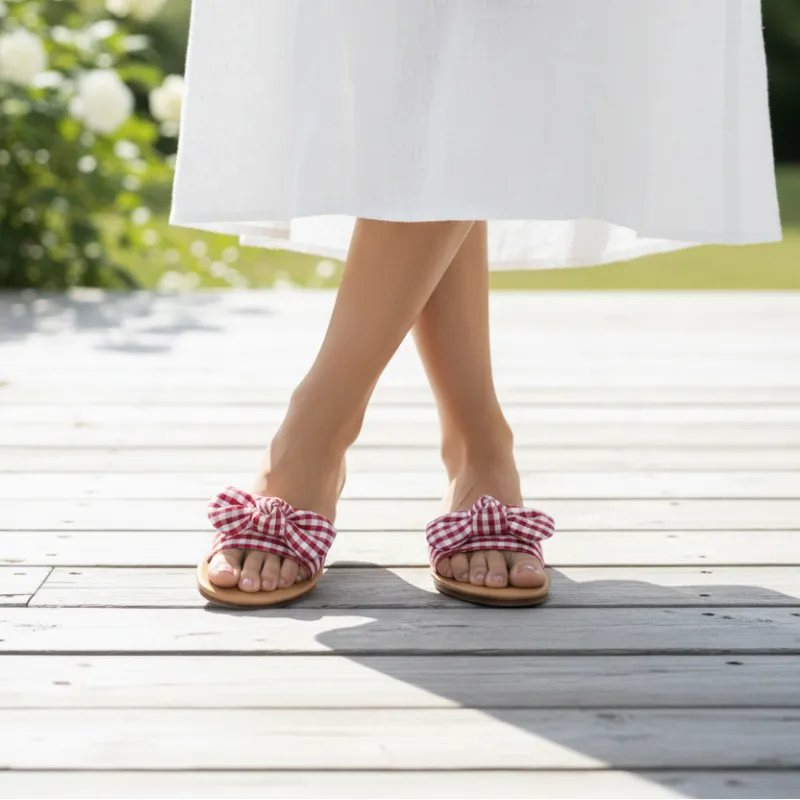 Red Gingham Bow Flat Slide Sandals made by Qupid