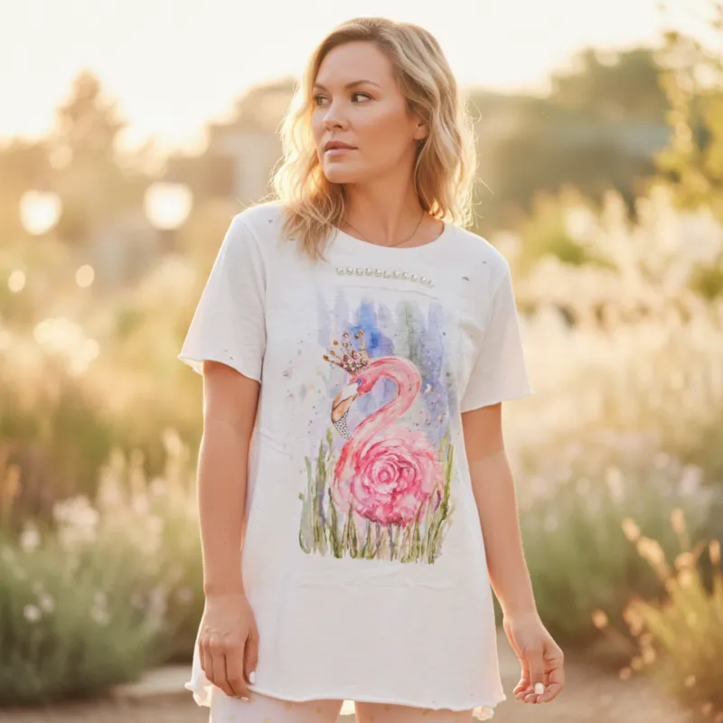 A Rare Bird Shop Flamazing Flamingo Queen Tee — Hand-Painted Watercolor Graphic with Rhinestone Trim made by BOLD elements