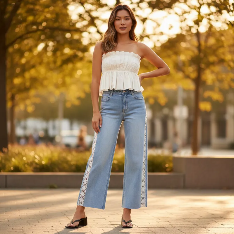 Risen High Rise Wide Leg Crop Jeans with Floral Lace Side Panels — Light Wash made by Risen