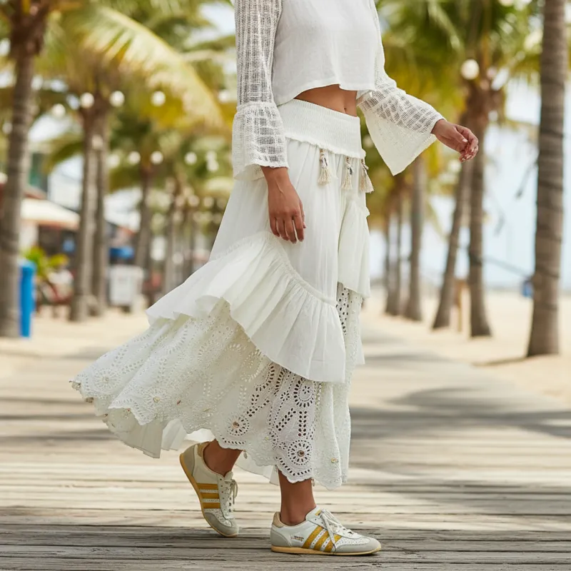 POL Smocked Waist Ruffle Maxi Skirt — Natural made by BOLD elements