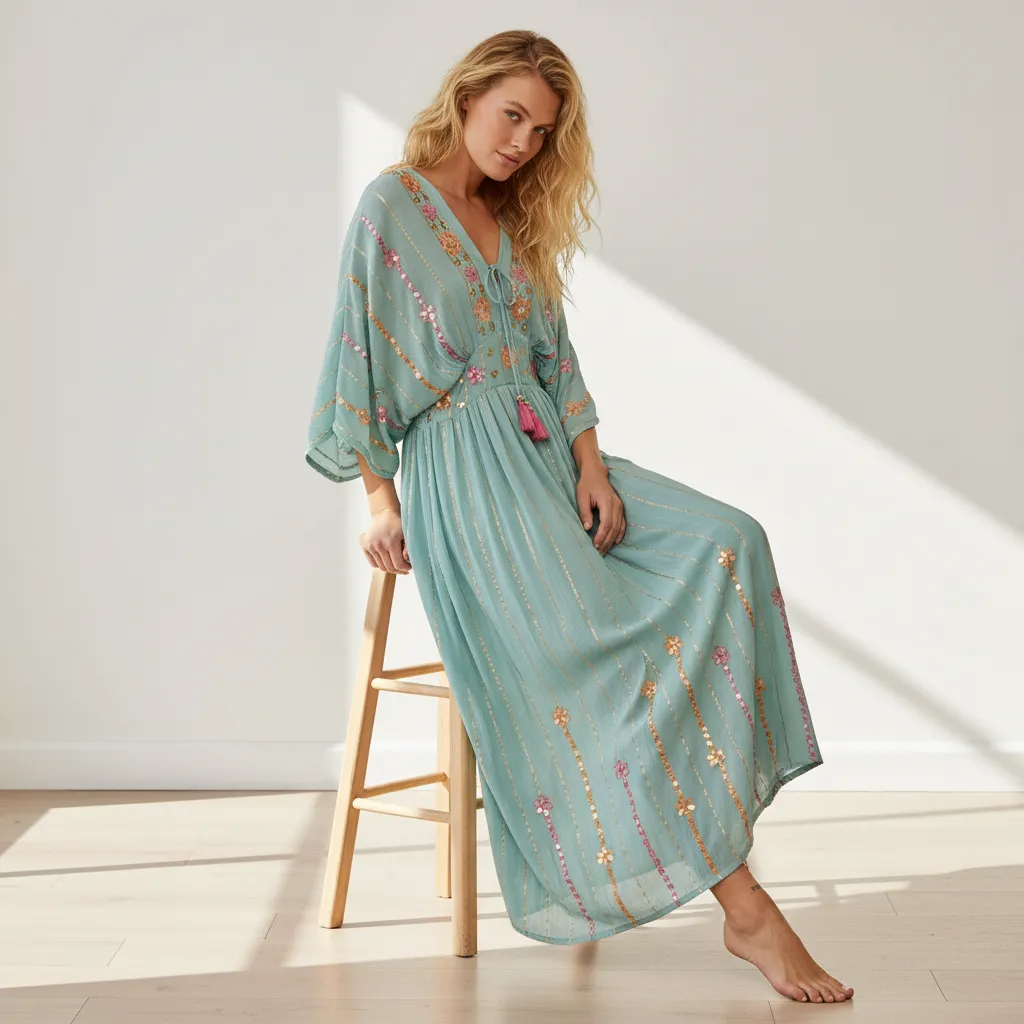 POL Floral Embroidered Kimono Maxi Dress in Seafoam sold by BOLD elements product image thumbnail 2