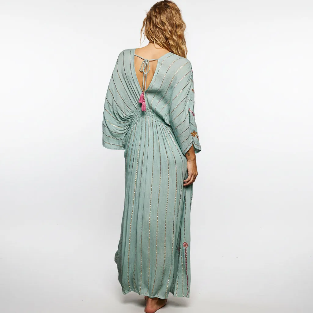 POL Floral Embroidered Kimono Maxi Dress in Seafoam sold by BOLD elements product image thumbnail 4