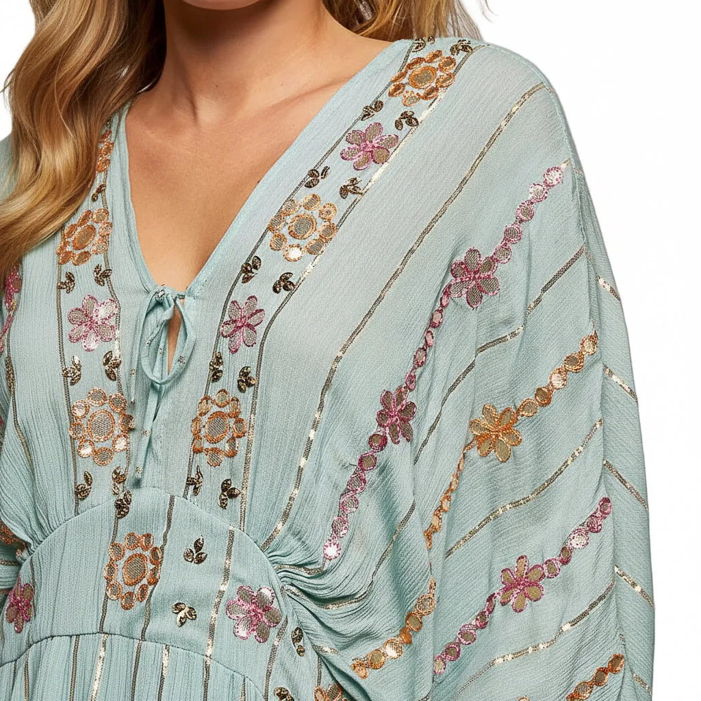POL Floral Embroidered Kimono Maxi Dress in Seafoam sold by BOLD elements product image thumbnail 5