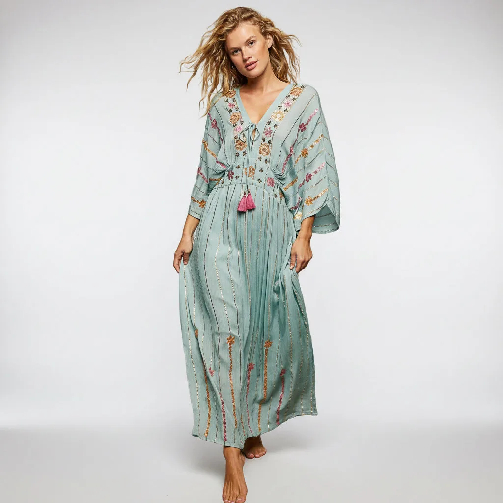 POL Floral Embroidered Kimono Maxi Dress in Seafoam sold by BOLD elements product image thumbnail 3