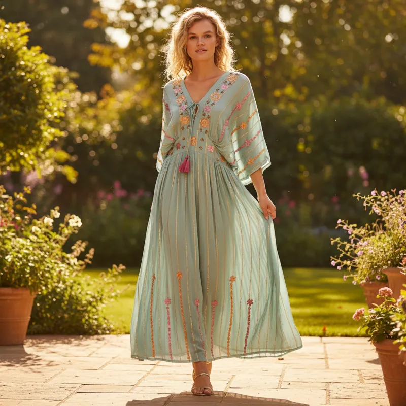 POL Floral Embroidered Kimono Maxi Dress in Seafoam made by POL