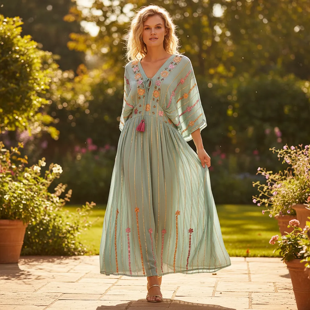 POL Floral Embroidered Kimono Maxi Dress in Seafoam sold by BOLD elements