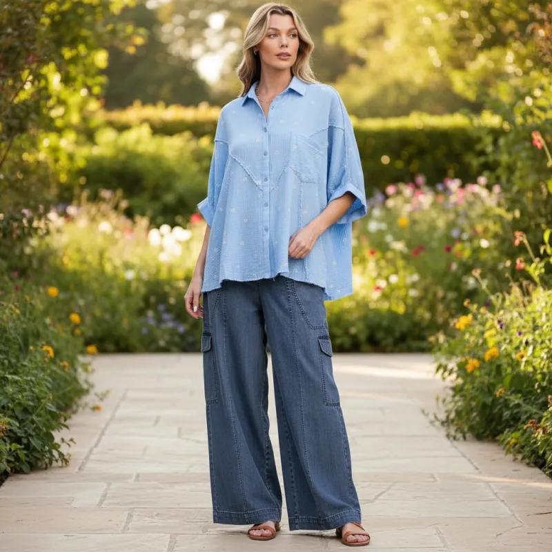 Easel Embroidered Gauze Button-Front Shirt in Sky Blue made by easel