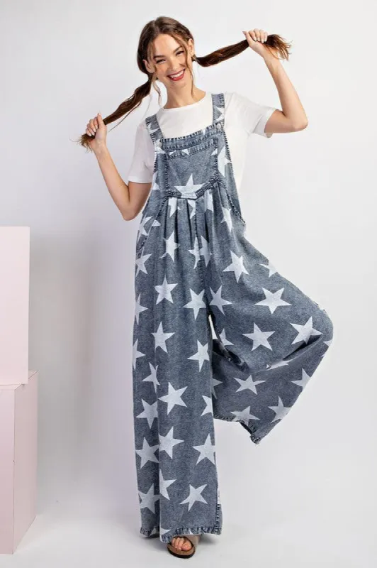 Women's Star Print Long Wide Legs Denim Baggy Jean Overalls sold by BOLD elements