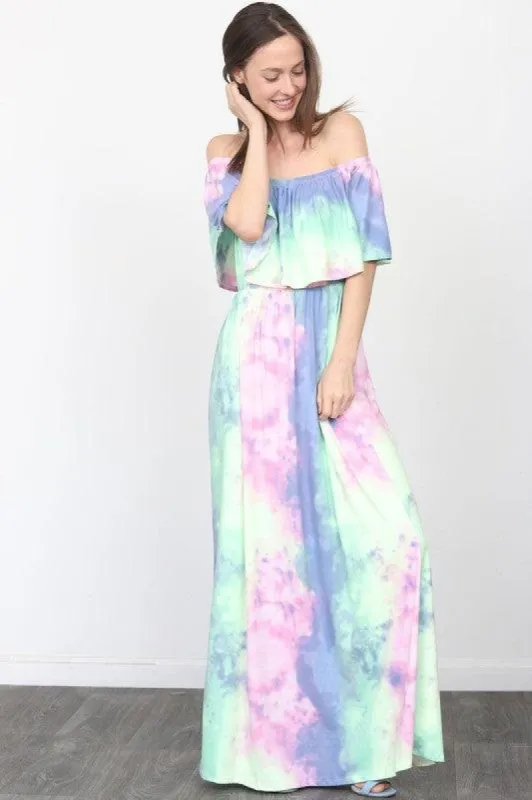 Women's Purple Pink Tie Dye Off Shoulder Maxi Dress sold by BOLD elements